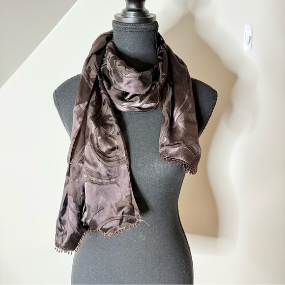 DANIER Chocolate Brown Silk Blend Lightweight Scarf Swirls Whimsical - Picture 5 of 12